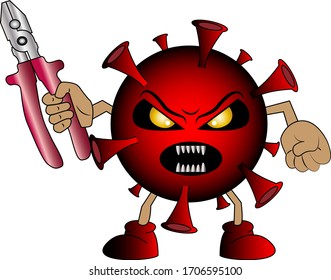 Cartoon character of a coronavirus with tools in hand.