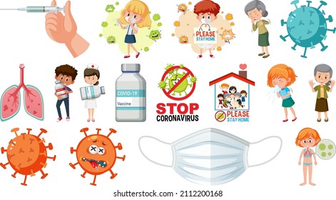 Cartoon character and Coronavirus vaccination isolated objects illustration