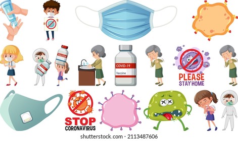 Cartoon character and Coronavirus vaccination isolated objects illustration