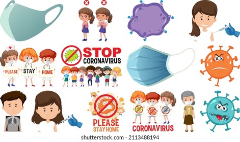 Cartoon character and Coronavirus vaccination isolated objects illustration