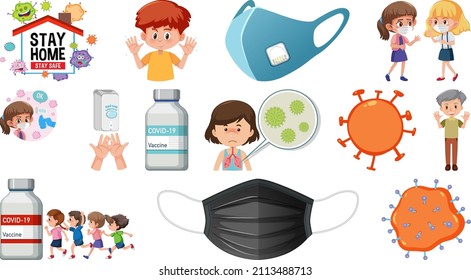 Cartoon character and Coronavirus vaccination isolated objects illustration