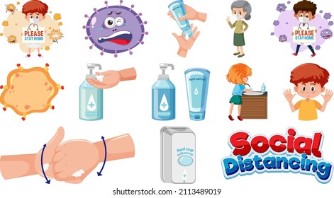 Cartoon character and Coronavirus vaccination isolated objects illustration