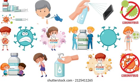 Cartoon character and Coronavirus vaccination isolated objects illustration