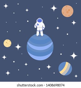 Cartoon Character Cosmonaut on Planet Surface Background Spaceman and Cosmic Travel Concept Element Flat Design Style. Vector illustration of Astronaut