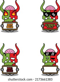 cartoon character costume vector illustration
cute zombie demon mascot holding summer sale bundle set board
