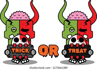 cartoon character costume vector illustration
cute zombie demon mascot holding trick or treat board