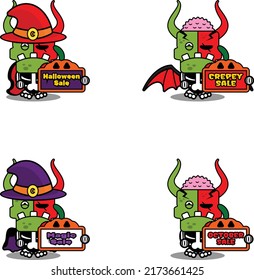 cartoon character costume vector illustration
cute zombie demon mascot holding halloween sale bundle set board