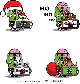 cartoon character costume vector illustration
cute zombie doll mascot holding christmas sale bundle set board