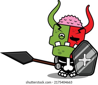 cartoon character costume vector illustration
cute zombie demon mascot holding spear and shield