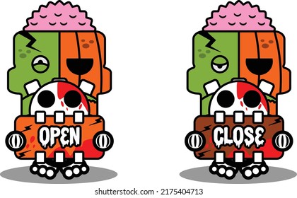 cartoon character costume vector illustration
pumpkin zombie mascot holding open and closing board