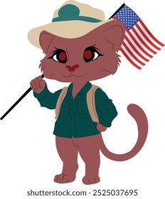 Personagem de um puma usando um uniforme de guarda-florestal, segurando a bandeira dos EUA