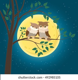 cartoon character couple of owls sitting on a twig and yellow moon and stars blue night background