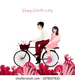 Cartoon character with a couple sitting on bicycle in white background. Valentine s Day festival vector illustration