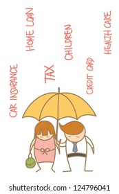 cartoon character of  couple under expense falling