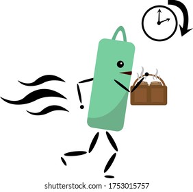 cartoon character courier backpack holds cups with hot coffee in his hand and hurries to deliver them to the desired address object on a white background
