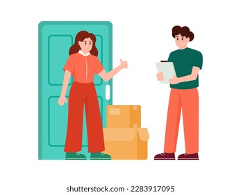 Cartoon character of courier delivering parcels for young woman. Express goods delivery services. Doorstep shipping to home. Modern urban lifestyle. Vector