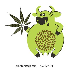 Caricatura de vaca para productos lácteos alternativos. Estilización de una vaca para un logo. Leche de cáñamo. Semillas y hojas de cannabis. Ilustración en el estilo de gráficos planos y de contorno.