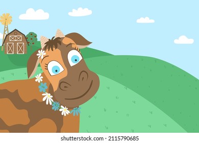 Cartoon character of a cow with flowers and a farm landscape with a barn in the background. Agriculture and farming vector background with copyspace