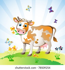 Cartoon character of cow on the grass