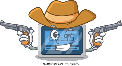 Cartoon Charakter Cowboy mit digitalem Timer mit Gewehren
