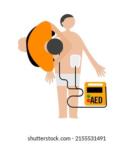 Cartoon character of a CPR with AED, Top view of Cardiopulmonary resuscitation with Automatic External Defibrillator by one person.