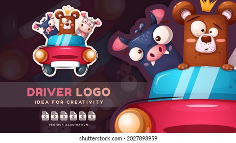 Cartoon character crazy drive friends - childish sticker