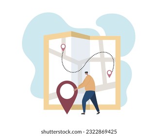 Cartoon character creating delivery route applying GPS system. Deliveryman indicating several points of destination on virtual map. Vector illustration