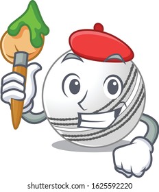 Cartoon character of cricket ball Artist with a brush