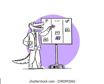 Cartoon character of crocodile as project manager. Scrum board, daily planning, agile method - Vector illustration 