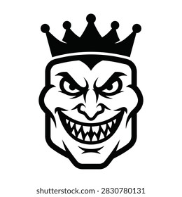 A cartoon character with a crown and sharp teeth smiles menacingly, conveying an evil mood.