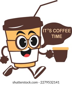 Cartoon character cup of coffee. Vector drawing with text Time to drink coffee. Vector elements, design elements.