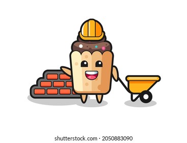 Cartoon character of cupcake as a builder , cute design