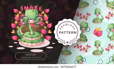 Cartoon character cute animal snake - seamless pattern. Vector eps 10