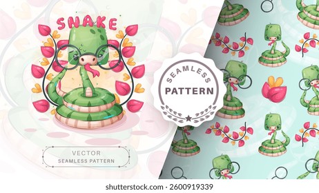 Cartoon character cute animal snake - seamless pattern. Vector eps 10