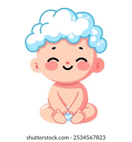 Personagem de desenhos animados de bebê bonito sorrindo alegremente enquanto lavando o cabelo ou com xampu, com espuma na cabeça, ilustração de vetor plana, para projetos de produtos de cuidados com o bebê e temas infantis