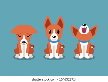 Cartoon character cute basenji dog poses for design.