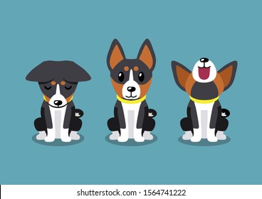 Cartoon character cute basenji dog poses for design.