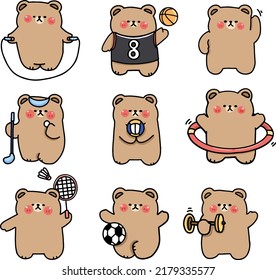 cartoon character cute bear, sport playing, jumping basketball badminton golf volleyball yoga football weight training