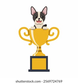 Cartoon character cute boston terrier dog with gold trophy cup award for design.