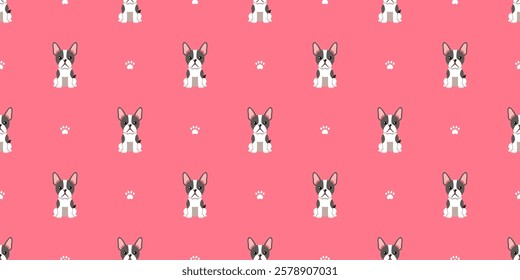 Cartoon character cute boston terrier dog seamless pattern background for design.