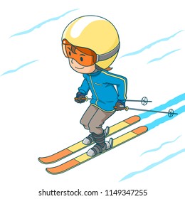 Cartoon character of cute boy playing ski.