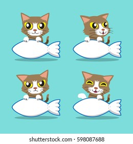 Cartoon character cute cat with big fish sign
