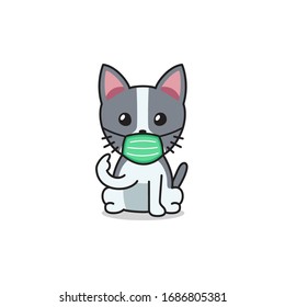 Cartoon character cute cat wearing protective face mask for design.