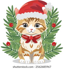 Cartoon Character of Cute Cat Wearing Santa Hat and Fir Leaves on White Background for Merry Christmas Festival.