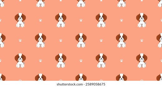 Cartoon character cute cavalier king charles spaniel dog seamless pattern background for design.