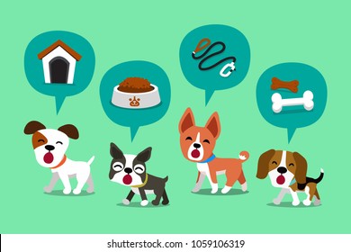 Cartoon character cute dogs and speech bubbles with accessories for design.