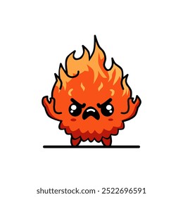 A cartoon character of a cute fire monster with an angry expression, has big eyes, furrowed eyebrows, and a round body like fire with bright orange and red colors