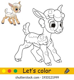 Cartoon character cute funny standing lamb. Coloring book page with colorful template. Vector isolated contour illustration. For coloring book, preschool education, print and game.