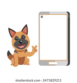 Cartoon character cute german shepherd dog and smartphone for design.