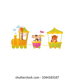 Cartoon character of cute giraffe, monkey and tiger on train. Colorful wagons with wild African animals. Flat vector design for banner or poster of toy store